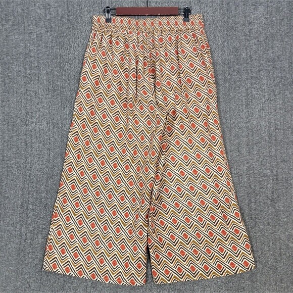Tahari Pants Womens L Brown Geometric 100% Linen Elastic Waist Wide Leg Crop - Picture 9 of 12